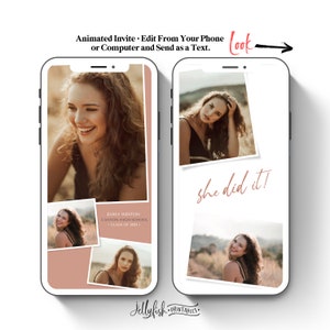 May include: A digital phone screen mockup showing a graduation invitation template with a collage of photos of a young woman. The text on the template reads "Emily Weston, Canyon High School, Class of 2023" and "She did it!"