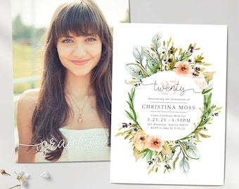 Plantilla de invitación para fiesta de graduación con diseño floral, anuncio de graduación editable, tarjeta de graduación de la universidad, graduación de la escuela secundaria, flores silvestres FL6