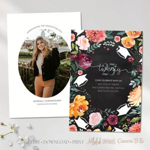 May include: Graduation party invitation with a black background and a floral wreath with white graduation caps. The text reads "twenty" and includes the date, time, location, and RSVP information.