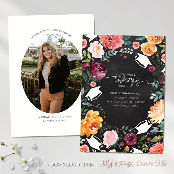 Floral Graduation Invitation | 2025 Grad Party Invite | Canva Template |  Announcement Card Editable Template | Digital Evite | Girls  BF1