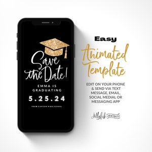 Graduation Save the Date Template for Texting, Save the Date Text message, Canva Template, Animated Save the Date, Graduation Video Gold