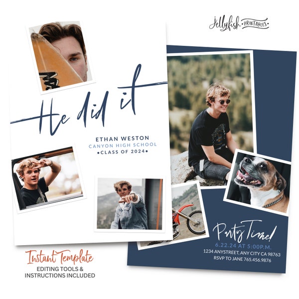 Boys Graduation Party Invitation Template Editable Graduation Announcement College Graduation High School Photo Collage, Simple