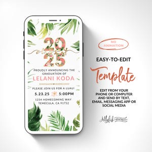 Convite para formatura Luau, convite para festa de formatura de 2025, convite por mensagem de texto, anúncio por telefone, modelo Canva editável digital Evite havaiano