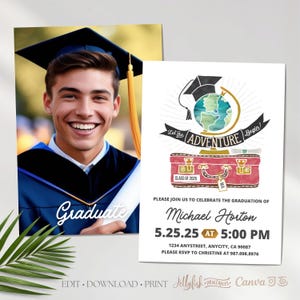 Adventure Begins Graduation Invitation | 2025 Grad Party Invite | Announcement Template Canva | Editable Card | Travel Graduation | Boy
