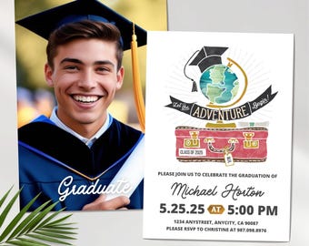 Adventure Begins Graduation Invitation | 2026 Grad Party Invite | Announcement Template Canva | Editable Card | Travel Graduation | Boy