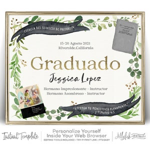 Plantilla de certificado de graduación de escuela de servicio pionero de vegetación. Personaliza tantos como necesites. Prueba gratis. Regalos pioneros. Regalos Jw.