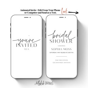 May include: A digital phone screen mockup showing a bridal shower invitation. The invitation is for Sophia Moss and is set for Saturday, May 18, 2023 at 2:00 PM. The invitation is for a bridal shower at Pine Tree Estates, 1234 Anystreet, Anystate.