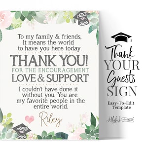 Succulent Thank Your Guests Sign | From the Grad Sign |  Graduation Decorations 2025 | Grad Party Decor  Custom Signs Printable SC2