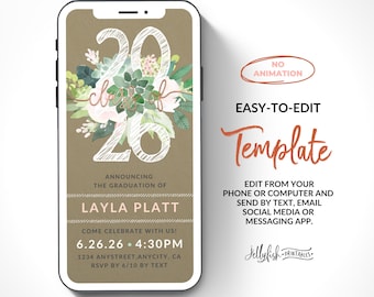 Succulent Graduation Invitation, 2026 Grad Party Invite, Text Message Invite, Phone Announcement, Canva Template Editable Digital Evite  SC1