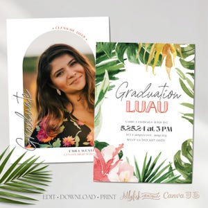 Convite de formatura Luau | Convite havaiano | Anúncio de formatura de 2025 | Convite para festa tropical | Modelo Canva | Cartão de foto | Design digital