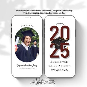 Modello di invito video di laurea 2025, invito telefonico Canva, invito tramite SMS, invito per festa di laurea digitale, unisex, marrone, borgogna CP1