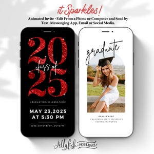 Red Sparkle Graduation Invitation Template Digital Download, Phone Invite Canva Invitation Text Message Invite Grad Party Animated Video