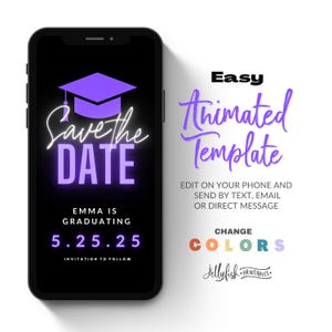 Purple Graduation Save the Date Template for Texting, Save the Date Text message, Canva Template, Animated Save the Date, Graduation Video