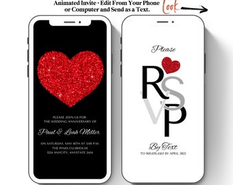 Anniversary Party Video Invitation Template Animated Invitation Instant Download Digital Phone Invitation Canva Text Message Phone Red Heart