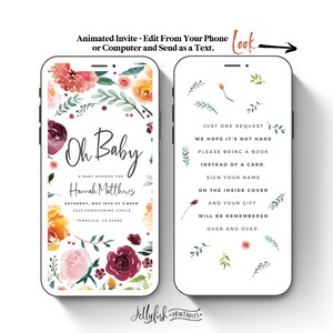 May include: A digital invitation for a baby shower with a floral design. The invitation says "Oh Baby" and includes the name "Hannah Matthews" and the date and time of the shower. The invitation also includes a request for guests to bring a book instead of a card.