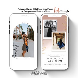 May include: Animated graduation invitation with a pink and gold background. The invitation features a photo of a graduate in a cap and gown, and the text "Class of 2023" and "Graduate". The invitation also includes the date and time of the graduation ceremony, as well as the location.