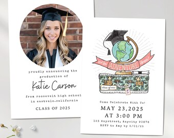 Adventure Begins Graduation Invitation | 2025 Grad Party Invite | Announcement Template Canva | Editable Card | Travel Graduation | Evite