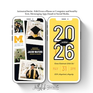Graduation Video Invitation Template Animated Invitation Photo Collage Phone Invitation, Canva Invitation, Text Graduation Party Boys Gold