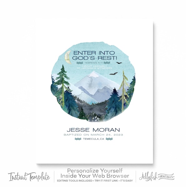 Baptism Print Template for Jehovah’s Witnesses | JW Baptism Gift | Baptism Keepsake | Free Demo | Try It Now! | Mountains | Trees | Moon