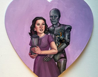 1/1 original Ölgemälde auf herzförmigem Sperrholz ""Deadbeat Valentine""." Frau und Roboter Paar