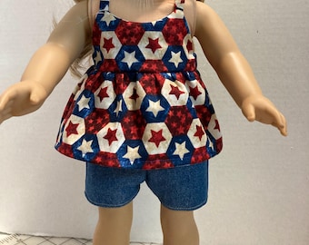 18" Doll Outfit, Patriotic Top and Jean Shorts, Made in USA