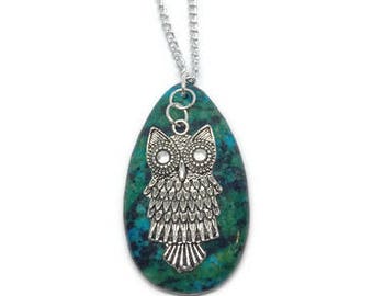 Dyed Zebra Jasper Necklace, Owl Necklace, Owl Jewelry, Jasper Jewelry, Gemstone Necklace, Gemstone Jewelry, Blue Jasper, Green Jasper