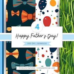 Puede incluir: Un diseño digital con cuatro patrones sin costuras. Un patrón tiene rayas azules y blancas, otro tiene pajaritas, un tercero tiene globos y confeti, y el último tiene hierba verde. Se muestra el texto "Happy Father's Day!".