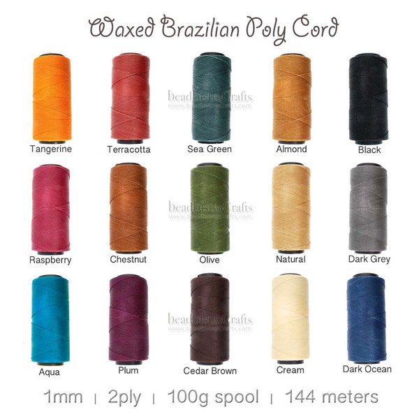 Knot It Waxed Brazilian Linhasita Poly Cord - 1mm 2ply polyester cord - 144-meter length spools - 22 COLORS - great for macramé with beads