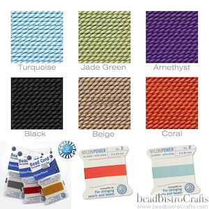 May include: Assortment of nylon bead cord in various colors, including turquoise, jade green, amethyst, black, beige, and coral. The cord is 0.45 mm thick and is labeled "Nylon Power" with the text "No stretch - extra strong".