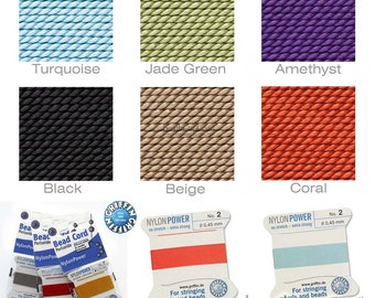 NylonPower No. 2 / No. 4 / No. 6 CORD * Griffin Nylon beading Cord with Stainless Steel Twisted wire needle, 2 meter length, Made in Germany