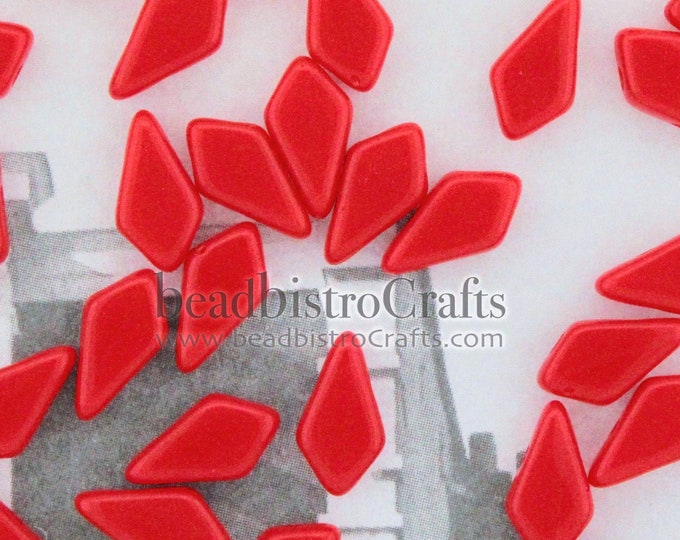 Czech Glass Kite Beads 9x5mm - Opaque Coral Red 2-Hole Diamond Shaped Beads For Jewelry Making