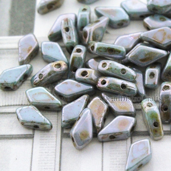 50pcs Czech KITE beads - new 2 hole beads - Chalk LAZURE BLUE Luster * 9x5mm - Kite shaped beads