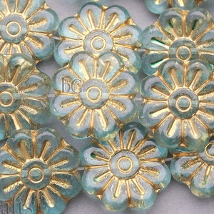 Czech Glass Daisy Flower Beads 18mm Crystal Pale SeaFoam Coat Gold Wash (4pcs)
