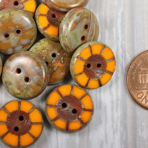 30 Table Cut Buttons - 14mm Czech glass button - wheel pattern - Opaque Orange TRAVERTINE - 5x14mm disk shaped buttons