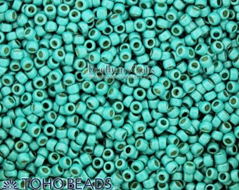 10g TOHO 15/0 * 11/0 * ROUND Seed beads - PermaFinish FROSTED Galvanized Turquoise - size 15 or size 11 metallic seed bead - PF578F