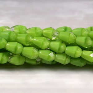 42pcs Czech FACETTED glass Drop beads - Crystal and LIME GREEN mixed glass - 7x5mm bead  (~ 11 inches)