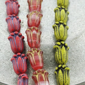 12pcs Czech Tulip Bud Beads - Red w/ Purple, Raspberry w/ Gold and Yellow w/ Black Glass Flower Beads - 12x8mm