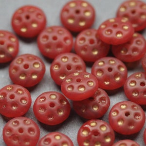 Vintage Czech Glass Beads - 30pcs * MATTE Red Glass Light Gold Wash 8.5mm Pressed Czech Disk Bead * limited stock