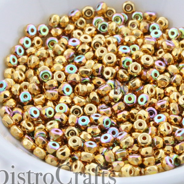 2x3mm Facetted Micro Spacers - Fire Polished Czech Glass Precision Rondelles * 50pcs * Crystal 24KT GOLD PLATE AB *