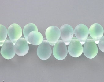 25pcs Czech Glass Drop beads - top drilled tear drops - FROSTED Transparent Pale Lime and Sapphire - 6x9mm *** Fluorescent