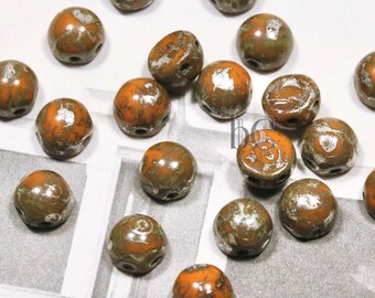 Czech 2-hole Cabochon Beads - 20pcs Cabochon Beads - Opaque Orange NEW * PICASSO - 6mm