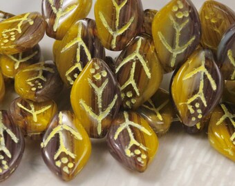 25pcs Leaf beads - Pressed Czech glass Top-drilled Leaves - Purple/ Yellow glass mix with PALE YELLOW WASH - 12x8mm