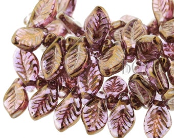 Czech MINI Bay Leaf beads (20pcs) Pressed Glass Leaves - Clear with GOLD BRONZE Luster - 6x12mm (Side-drilled along top)
