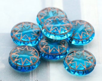 6pcs Czech Star of Ishtar beads - pressed Czech glass puffed coins - Aqua METALLIC COPPER Wash - 13mm