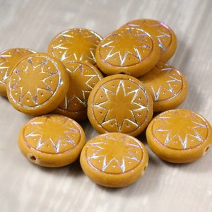 6pcs Czech Star of Ishtar beads - pressed Czech glass puffed coins - FROSTED Ocher AB - 13mm