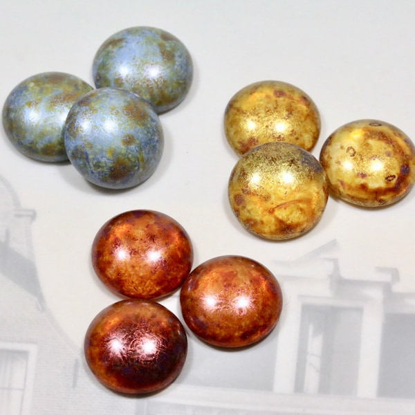 Glass Cabochon - 18mm Round Pressed Czech Glass Cabs - Alabaster SATIN SAGE, Golden or Copper honey LUSTER - 2 pieces