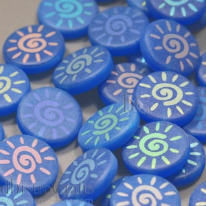 Czech Laser Tattoo beads - 8pcs Milky Matte Deep Cerulean Blue with AB ABSTRACT SUN - 14mm flat, round, coin shaped glass bead