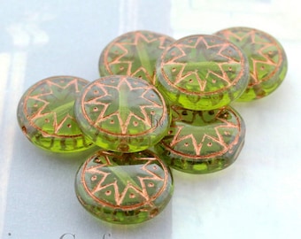 6pcs Czech Star of Ishtar beads - pressed Czech glass puffed coins - Olivine METALLIC COPPER Wash - 13mm