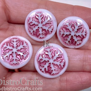 Glass Snowflake Cabochon - 21mm Round Pressed Czech Glass Cabs - Alabaster White Metallic PINK WASH - 2 or 4 pieces