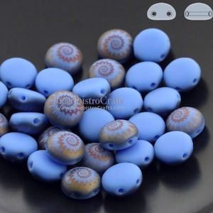 Laser Tattoo 8mm 2-hole CANDY Cabochon Beads - 24 or 48pcs - Czech 2-hole Preciosa * cabochon MATTE Periwinkle Blue Sliperit NAUTILUS Tattoo